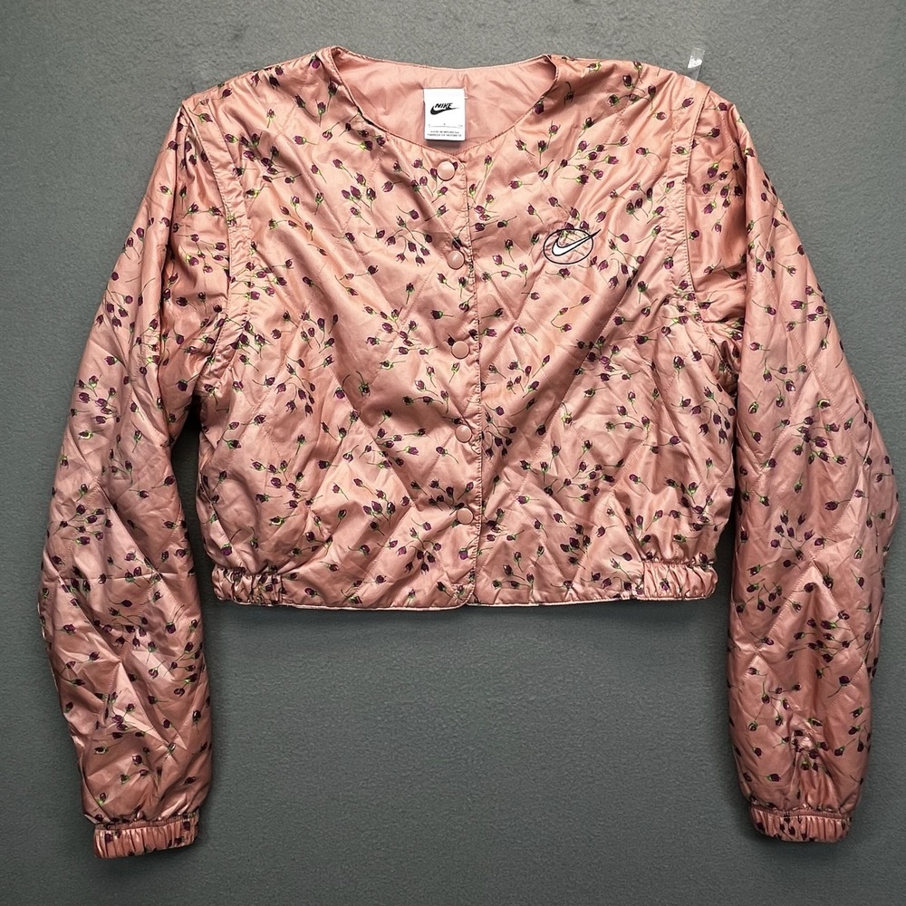 Nike Icon Clash women convertible floral quilted jacket S pink‎ satin crop